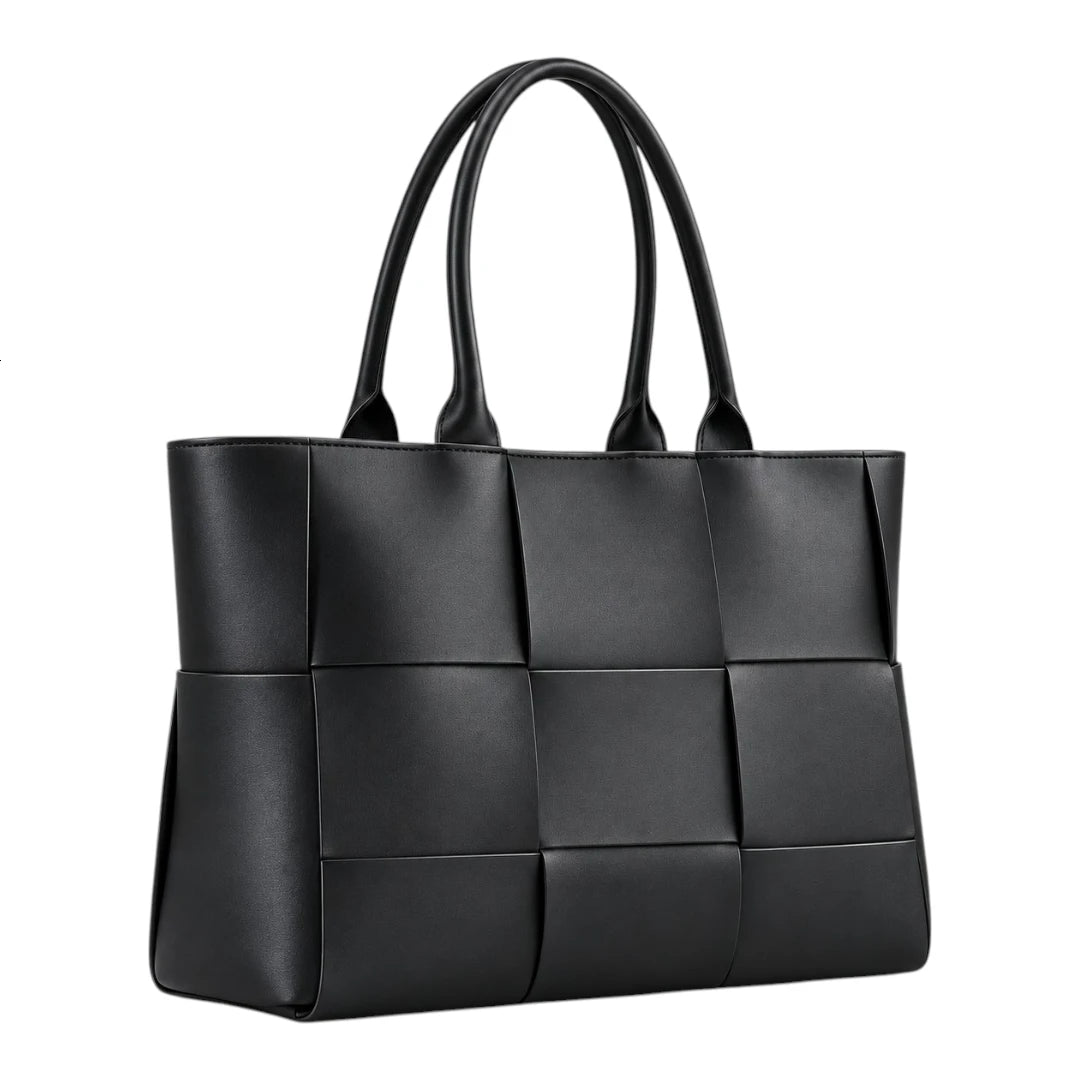 PrimePurse Nova Black Woven Faux Leather Tote Handbag