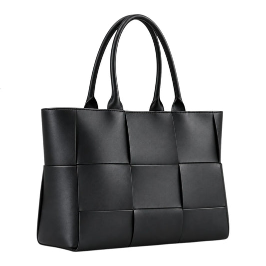 PrimePurse Nova Black Woven Faux Leather Tote Handbag