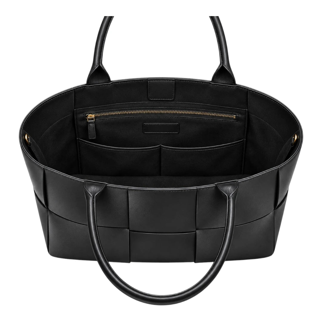 PrimePurse Nova Black Woven Faux Leather Tote Handbag