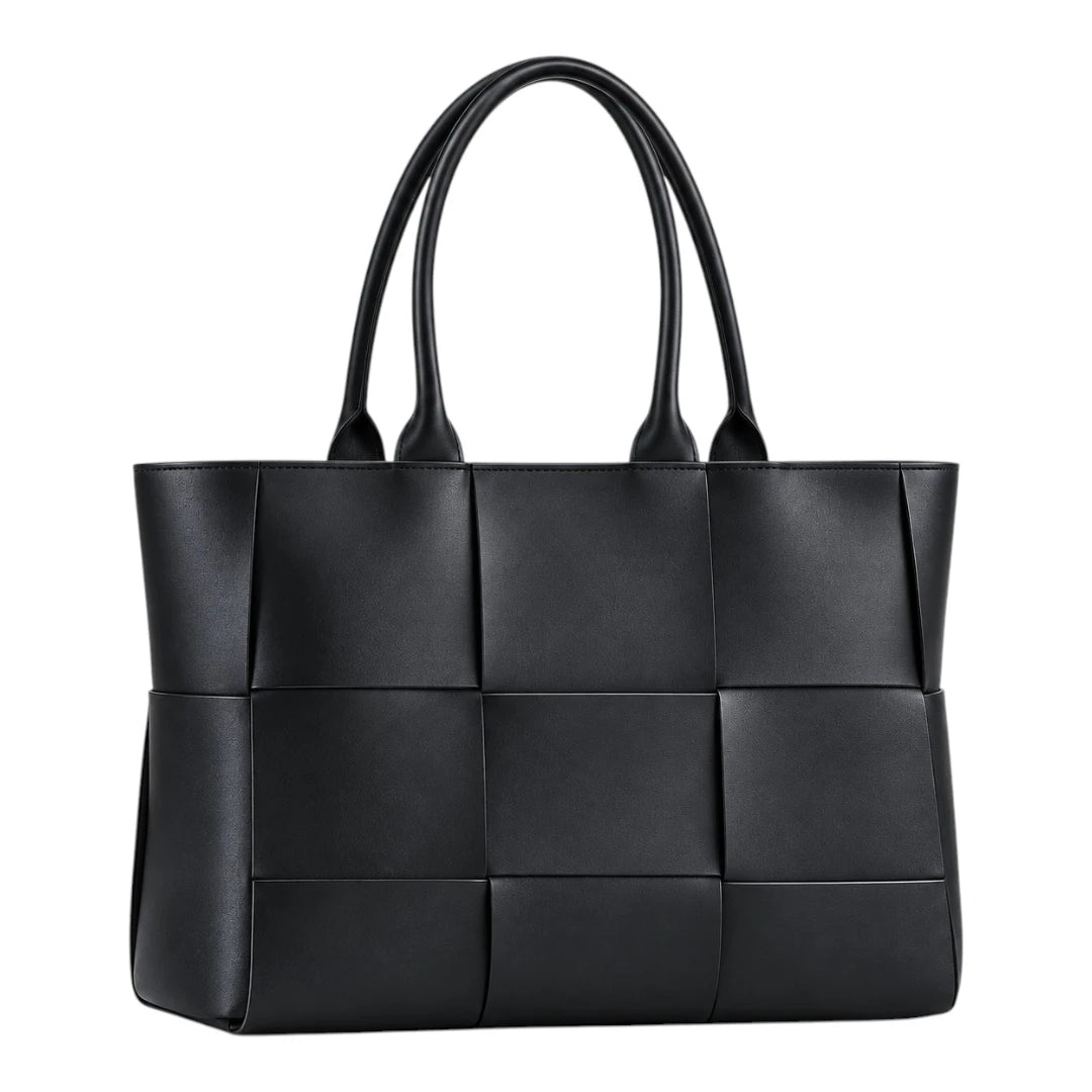 PrimePurse Nova Black Woven Faux Leather Tote Handbag