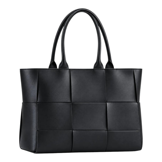 PrimePurse Nova Black Woven Faux Leather Tote Handbag